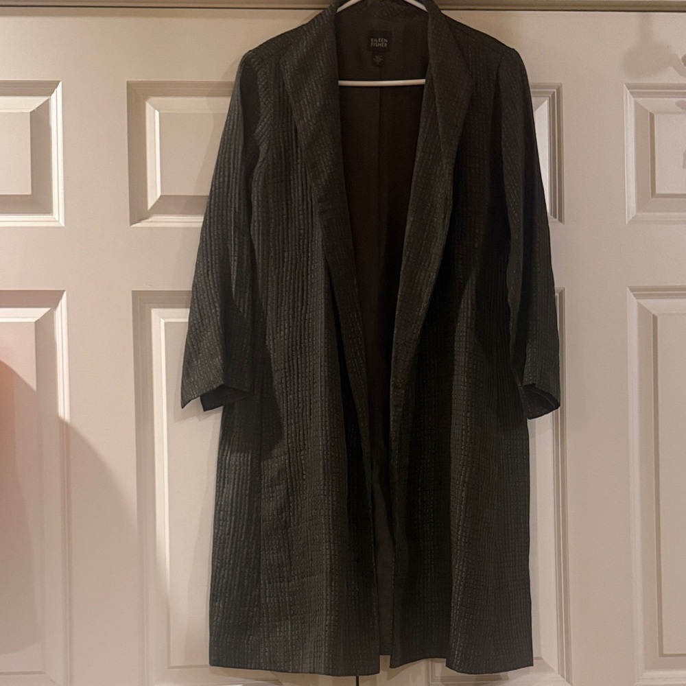 Eileen Fisher Tencel Linen Open Front Jacket Olive Green Silk Lined S